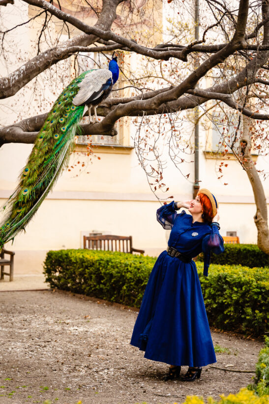 Woman in a blue vintage dress and straw hat standing in a courtyard, admiring a peacock perched on a tree branch above her